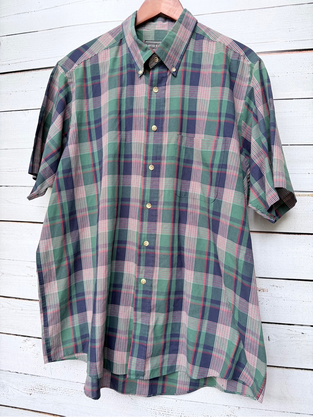 David Taylor Plaid Short Sleeve Button-Down Shirt - Green/Navy/Pink
